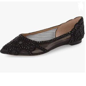 XYD Black Pointed Toe Rhinestone Flats Mesh Slip On Crystal Wedding Shoes